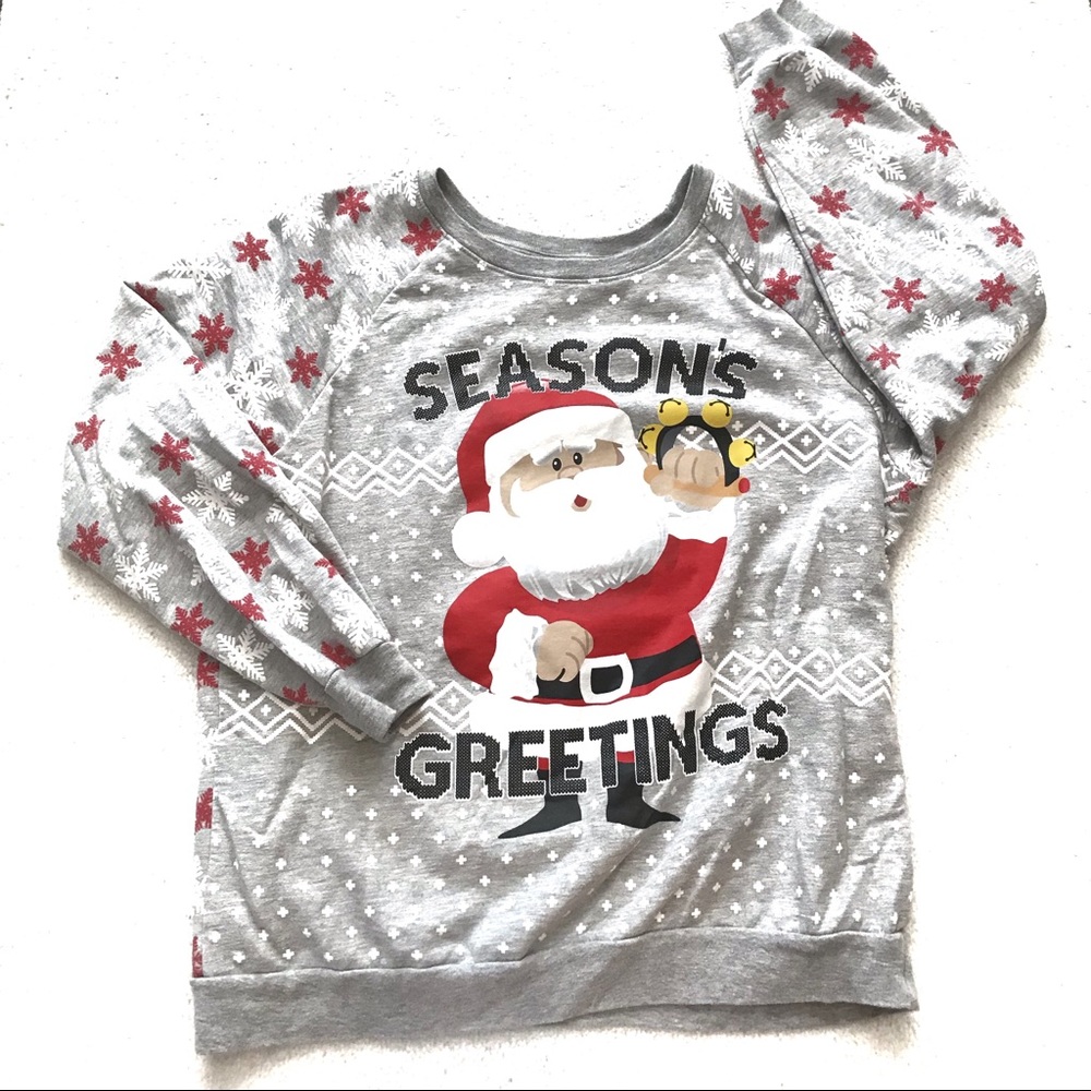 Christmas Sweatshirt Santa Seasons Greetings Gray